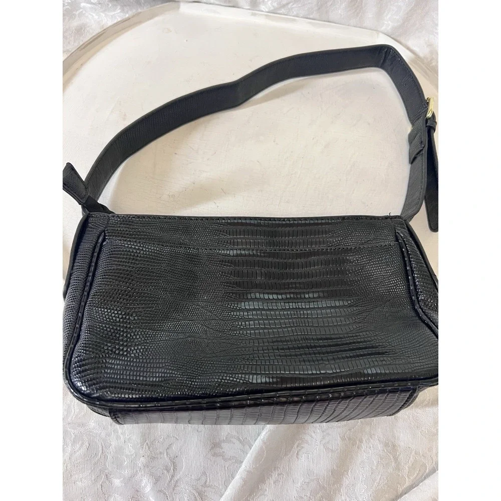 London Fog Astor faux lizard shoulder bag in black. 11